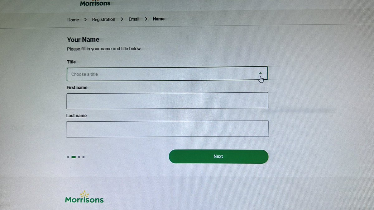 Kaushmeister's tweet photo. @Morrisons trying to sign up for the Morrisons More card online and no options come up under Title from the drop down list. Tried different browsers too. Can’t move forward without selecting one. https://t.co/eOFhlTFcRU