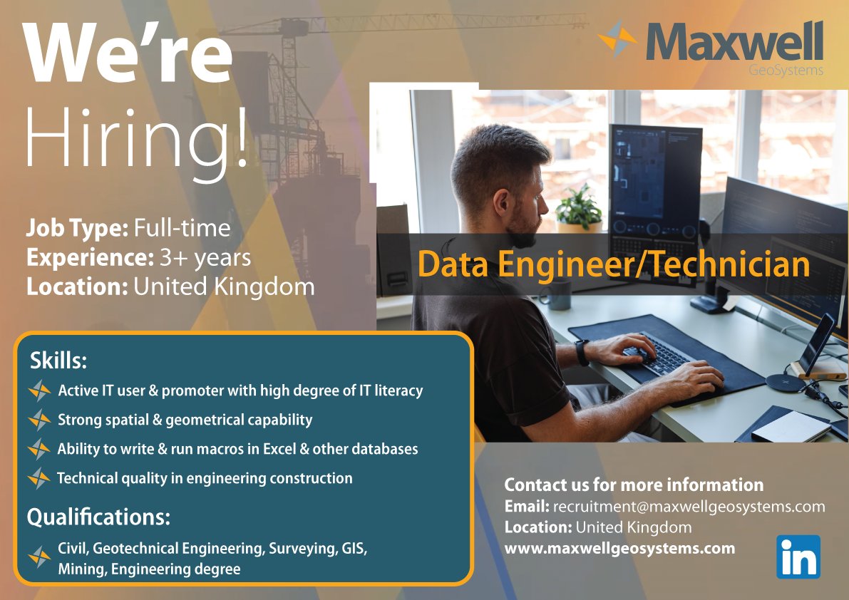 MaxGeoSys's tweet photo. We're currently hiring for "Data Engineer / Technician" position, based out of United Kingdom! 

Apply today via LinkedIn or our careers page! https://t.co/LRzd9KOQLp
#HiringNow #DataEngineer #JoinUS https://t.co/Tca8d0m7Om