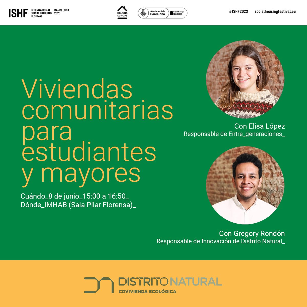 DistNaturalEcov's tweet photo. 👉Viviendas comunitarias para estudiantes y mayores.
📍: IMHAB (Sala Pilar Florensa)
🗓️: 8 de junio. 15:30-16:50
Participan @grondon3 , responsable de innovación de Distrito Natural, y Elisa López, arquitecta de @sAtt_arq y responsable de #EntreGeneraciones. https://t.co/U12mQzRkEw