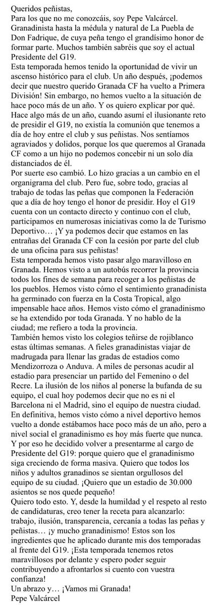 Comunicado oficial de nuestra Peña :
El próximo 24 de junio nuestro presidente <a href="/pepevalcarcel/">Pepe valcarcel</a> 
Se presenta a la reelección como presidente de @G19_GranadaCF