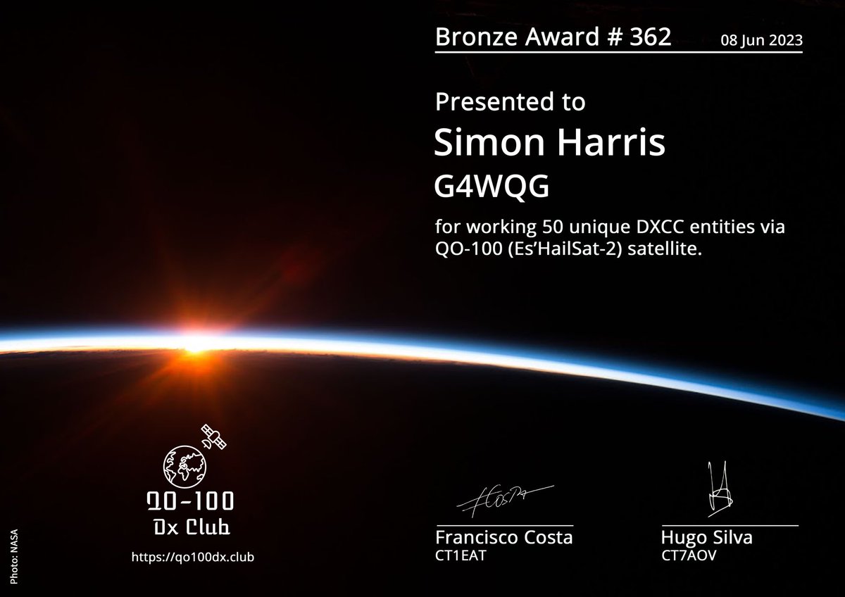 G4WQG's tweet photo. A new Award to add to my collection. Although QO100 it’s a repeater in space, actually building &amp; getting the equipment to work has been interesting and very satisfying, the experimentation/fine tuning continues 🤣🍺
@QO100DxClub  #hamr #hamradio #amsatuk #amsatdl https://t.co/O2juwGZqsF