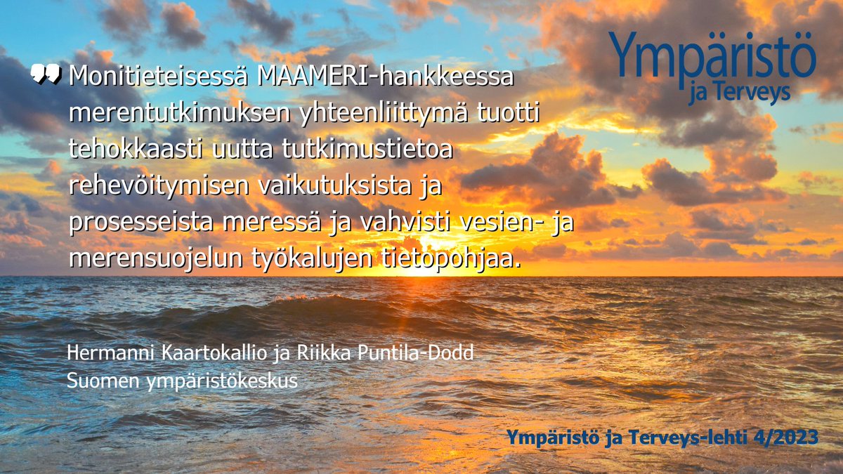 YTerveyslehti's tweet photo. "MAAMERI-hankkeella tietoa Saaristomeren tilan paranemisen tueksi." Lue Hermanni Kaartokallion ja Riikka Puntila-Doddin @SYKEinfo artikkeli Ympäristö ja Terveys-lehdestä 4/2023. #maameri #saaristomeri #meriensuojelu #vesiensuojelu #rehevöityminen https://t.co/e28un8tUTq