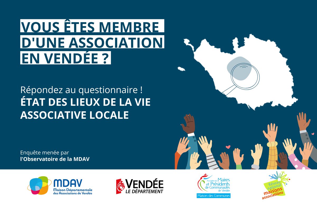 MDAVendee's tweet photo. 📢L'état des lieux de la vie associative en #Vendée est lancée !

https://t.co/PNtbHMIBsY 

Avec le @DepVendee, l'Association des Maires et le @RNMAsso 🤝

L'objectif de cette étude ? Présenter les grandes caractéristiques du tissu #associatif au niveau départemental et local 🎯 https://t.co/ewxm07makQ