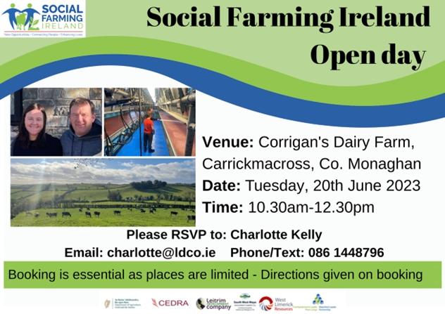 Join us on Tue, June 20th for an Open day on Patrick Corrigan's Farm, Co. Monaghan! 

#SocialFarming offers inclusive activities on family farms, promoting well-being and self-esteem. 

RSVP: charlotte@ldco.ie or 0861448796.

#ConnectingPeople #EnhancingLives #newopportunities