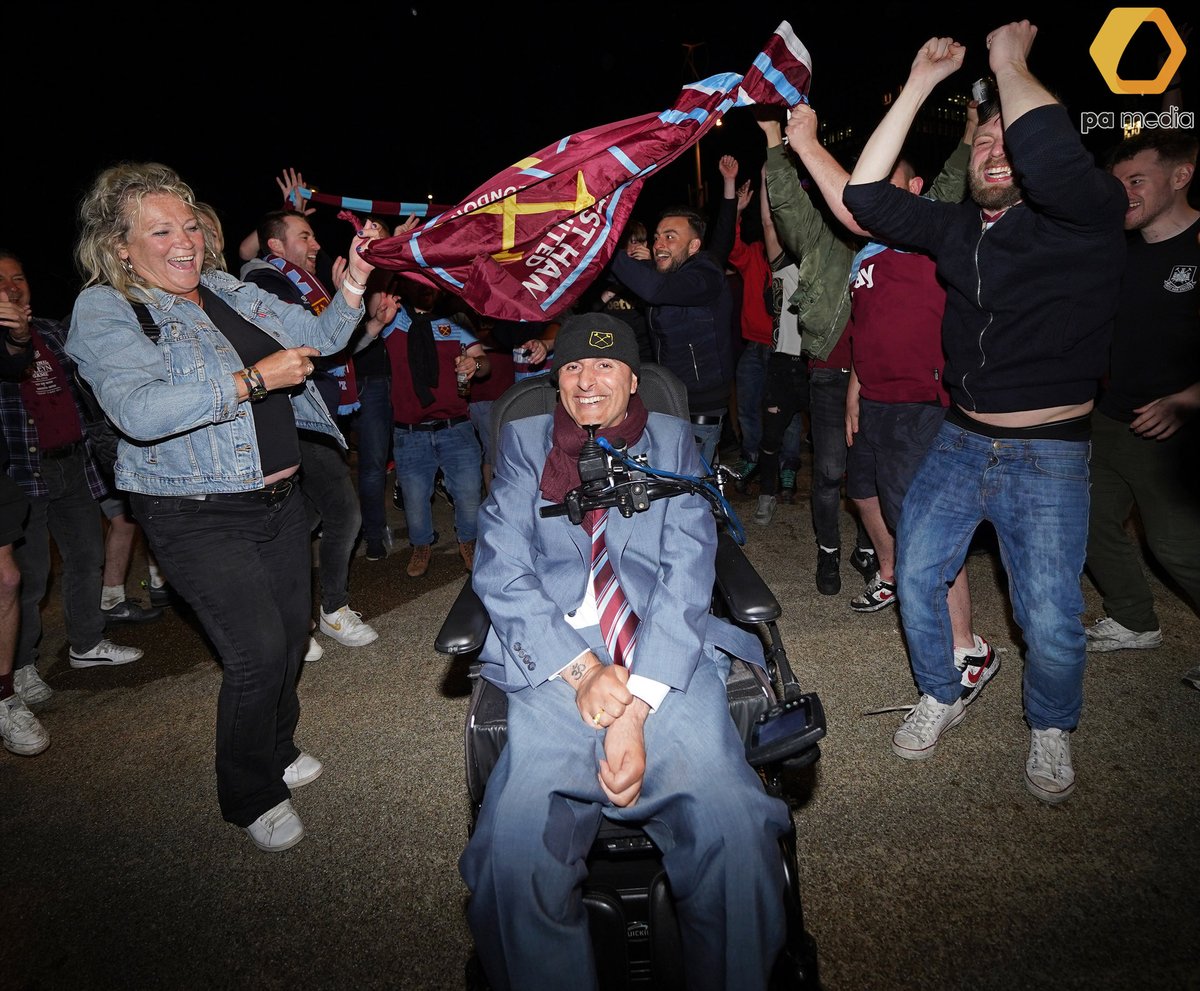 Love it! West Ham United fan Sanjay Chadha, aged 55, who has held a season ticket since 1982, celebrates outside the London Stadium following their sides victory over Fiorentina in the UEFA Europa Conference League Final against Fiorentina in Prague. #EuropaLeagueFinal #WestHam