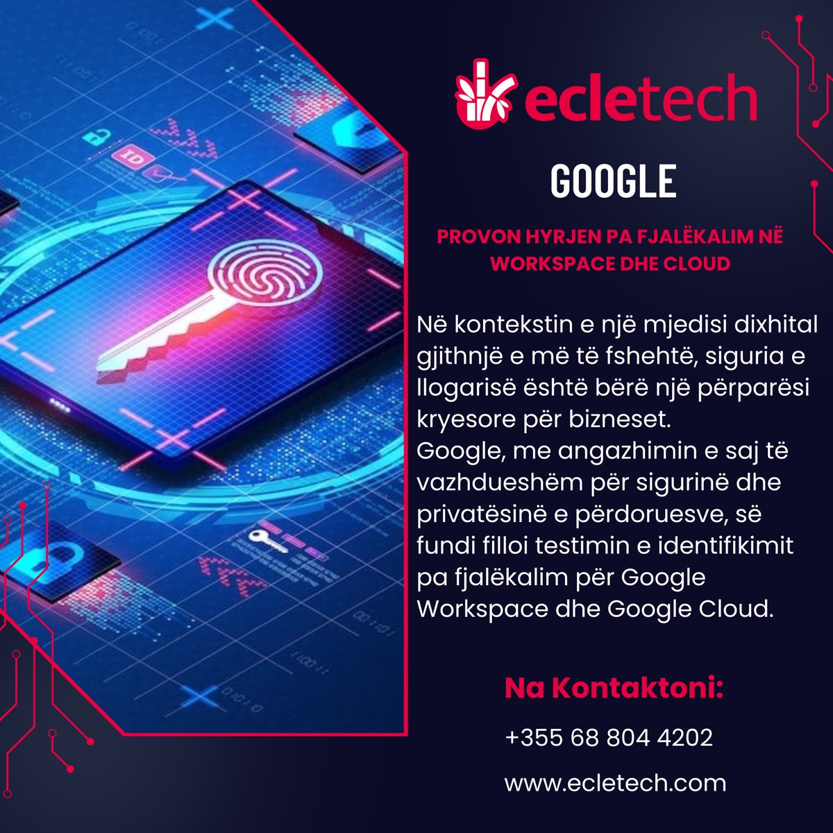 ecletechshpk's tweet image. Google teston hyrjen pa fjalëkalim për Workspace dhe Cloud. Passkey në versionin beta tani është i disponueshëm për më shumë se 9 milionë organizata. #GoogleWorkspaceSecurity #PasswordlessAccess"
Artikulli i plote: ecle.tech/google-passkey