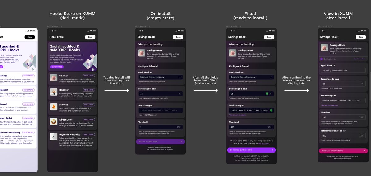WietseWind's tweet photo. The @XummWallet Hook Store preview

The idea: an on-ledger Hook installed on an account accompanied by an xApp. Install the xApp, get the Hook, install the Hook, get the xApp

A convenient UI &amp; UX for smart contracts living on ledger, for your setup, config &amp; affected tx details https://t.co/DvLXQ9ePQe