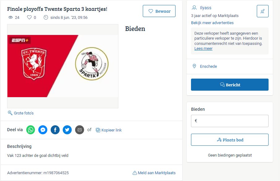 Er is veel vraag naar de wedstrijd FC Twente - Sparta en je merkt dat de hoertjes van de samenleving er weer gelijk misbruik van willen maken. Dit is meer stadionverbod waardig dan het gooien van een bekertje bier! #TweSpa