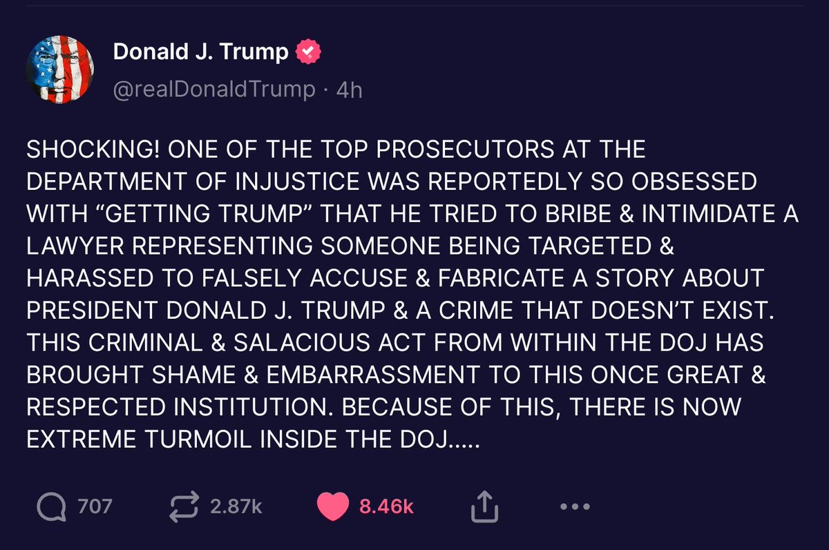 17Grasshopper's tweet photo. 🇺🇸A Message from The President Of America🇺🇸
Part 1&2

SHOCKING! ONE OF THE TOP PROSECUTORS AT THE DEPARTMENT OF INJUSTICE WAS REPORTEDLY SO OBSESSED WITH “GETTING TRUMP” THAT HE TRIED TO BRIBE & INTIMIDATE A LAWYER REPRESENTING SOMEONE BEING TARGETED & HARASSED TO FALSELY ACCUSE & FABRICATE A STORY ABOUT PRESIDENT DONALD J. TRUMP & A CRIME THAT DOESN’T EXIST. THIS CRIMINAL & SALACIOUS ACT FROM WITHIN THE DOJ HAS BROUGHT SHAME & EMBARRASSMENT TO THIS ONCE GREAT & RESPECTED INSTITUTION. BECAUSE OF THIS, THERE IS NOW EXTREME TURMOIL INSIDE THE DOJ…..

Page 2. A TOP OVERZEALOUS & DISHONEST DOJ PROSECUTOR OFFERED A WITNESS’ LAWYER AN IMPORTANT “JUDGESHIP” IN THE BIDEN ADMINISTRATION IF HIS CLIENT “FLIPS” ON PRESIDENT TRUMP, WHO HAS DONE NOTHING WRONG! THE HIGHLY RESPECTED LAWYER WAS INCENSED & DISGUSTED AT THIS CORRUPT & ILLEGAL OFFER. THE FAKE “CASE” AGAINST ME MUST BE IMMEDIATELY DROPPED, AND THE INSPECTOR GENERAL SHOULD LAUNCH AN INVESTIGATION INTO THIS & THE MANY OTHER ALL TOO OBVIOUS WRONGDOINGS & CRIMES TAKING PLACE AT THE DOJ & FBI!