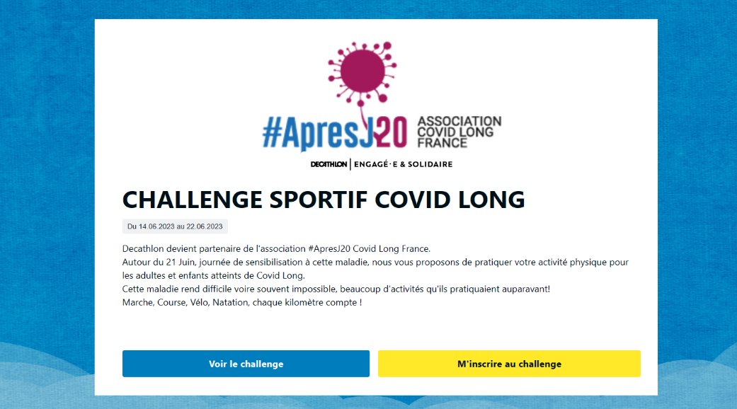 🔴Sports challenge with @Decathlon to raise awareness about #LongCovid!🔴

From June 14 -22, let's invite all our friends, family & colleagues to get active 🏃🏻🚴🏼🏊 in solidarity with #LongCovid adults & children!

#apresJ20