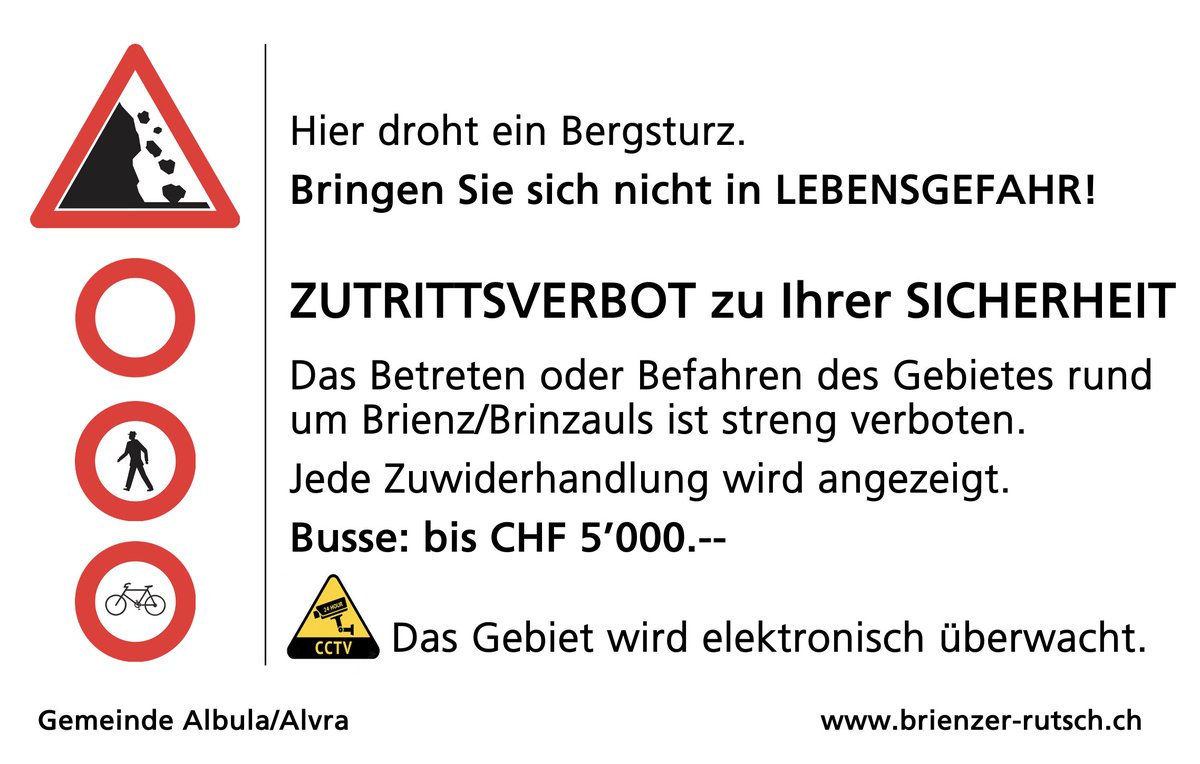 AlbulaAlvra's tweet photo. #Gefährlich und #teuer: Das Betreten der #Gefahrenzone rund um Brienz/Brinzauls kann lebensgefährlich sein. Zudem werden alle Verletzungen des #Betretungsverbots mit Bussen von bis zu 5'000.-- geahndet. #Vernunft #BrienzerRutsch https://t.co/pjie4w0lX5