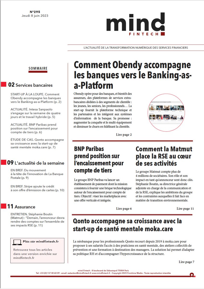 📯[Hebdo n°295] Au sommaire de <a href="/mindfintech/">mind Fintech</a>
👉 lnkd.in/g79mcJE

☑️ Comment <a href="/obendy_platform/">obendy®</a> accompagne les banques vers le Banking-as-a-Platform
☑️ <a href="/getqonto/">Qonto</a> accompagne sa croissance avec la start-up de santé mentale <a href="/moka_care/">moka.care</a>