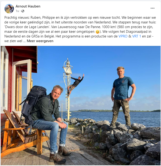 nkievandijk's tweet photo. Hoe tof is dat! 
Er komt een nieuwe tv-serie 'Dwars door de Lage Landen'. De route van Arnout, Ruben en Philippe gaat over de LAW's Friese Woudenpad, Pionierspad en FlorisV-pad door Nederland. Trots om hier aan mee te werken vanuit @wandelnet. Mooie wandelkilometers! https://t.co/ynnJVaoP43