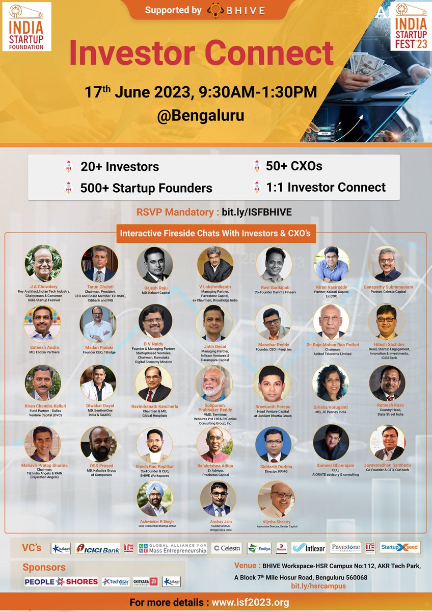 Join #ISF #VC #InvestorConnect in #Bengaluru on June 17, 2023, from 9:30 AM to 1:30 PM at #BHIVE Workspace! Connect with 15+ VCs/Investors, 50+ CEOs/CXOs, and 500+ startups. Gain insights on scaling up your #startup and grab #investments.
Register at: isf2023.com/cr.php
