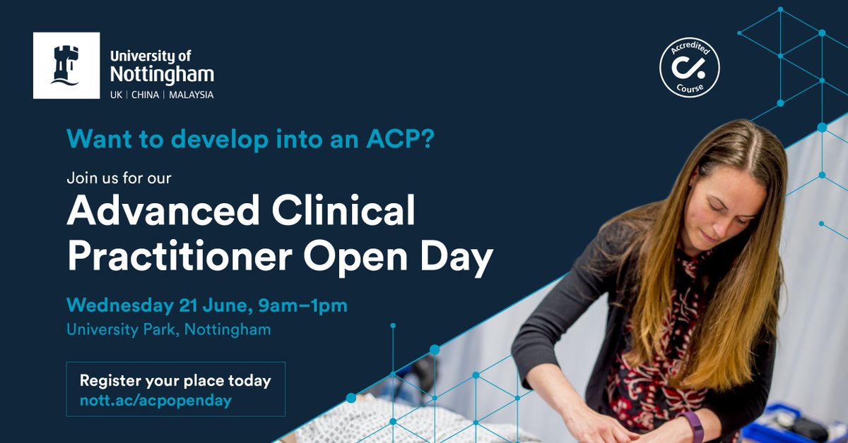 University of Nottingham CPD Services (@uoncpd) on Twitter photo Not long until our #ACP Open Day!
Want to find out more developing yourself or staff into an #AdvancedClinicalPractitioner?
Event includes:
✔️Apprenticeship & Part-time course info
✔️Employer panel
✔️Apprentice insight
✔️One-to-one discussions
Register
nottingham.ac.uk/workingwithbus… Not long until our #ACP Open Day!
Want to find out more developing yourself or staff into an #AdvancedClinicalPractitioner?
Event includes:
✔️Apprenticeship & Part-time course info
✔️Employer panel
✔️Apprentice insight
✔️One-to-one discussions
Register
nottingham.ac.uk/workingwithbus…