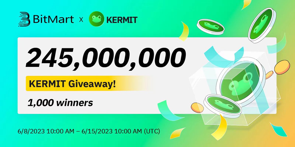 🌟 #BitMart X #KERMIT Listing #Airdrop 🌟

1⃣️Follow @BitMartExchange & @BitMartResearch & @Kermit_ERC
2⃣️Join t.me/BitMartExchange & t.me/Kermit_ERC_Com…
3⃣️RT & Tag 3 frds & Like
4⃣️Fill forms.gle/fvKZajfYEUU4FT…

🎁1,000 winners / 245,000,000 $KERMIT
Register 👉…