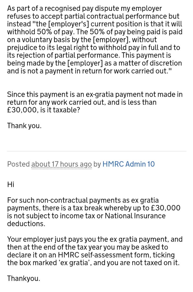 UCU twitter... A lot of institutions are using ex gratia payments re the MAB to get round having to accept partial performance &amp; make proportionate deductions. Just wanted to flag this HMRC guidance (h/t @clarkbryan71) - has anyone had a Uni response yet?

community.hmrc.gov.uk/customerforums…