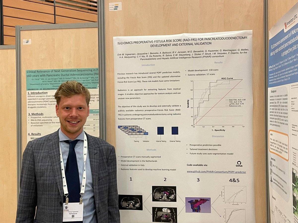 #EAHPBA2023 @EAHPBA External validation of #radiomics preoperative fistula💧 risk score (RAD-FRS) for Whipple 🔪 ! FIRST externally validated model of its kind ✅ Similar AUC to (ua)FRS in pre-op setting ✅ Great work by @EwoutIngwersen, @JackieBereska and @PHAIRconsortium!