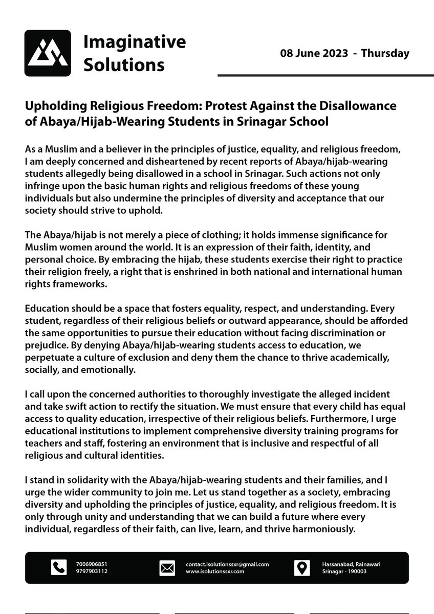theqasimbazaz's tweet photo. I stand in solidarity with the abaya/hijab-wearing students and their families, and I urge the wider community to join me. Let us stand together as a society, embracing diversity and upholding the principles of justice, equality, and religious freedom. (1/2) https://t.co/bqkNyWM5gM