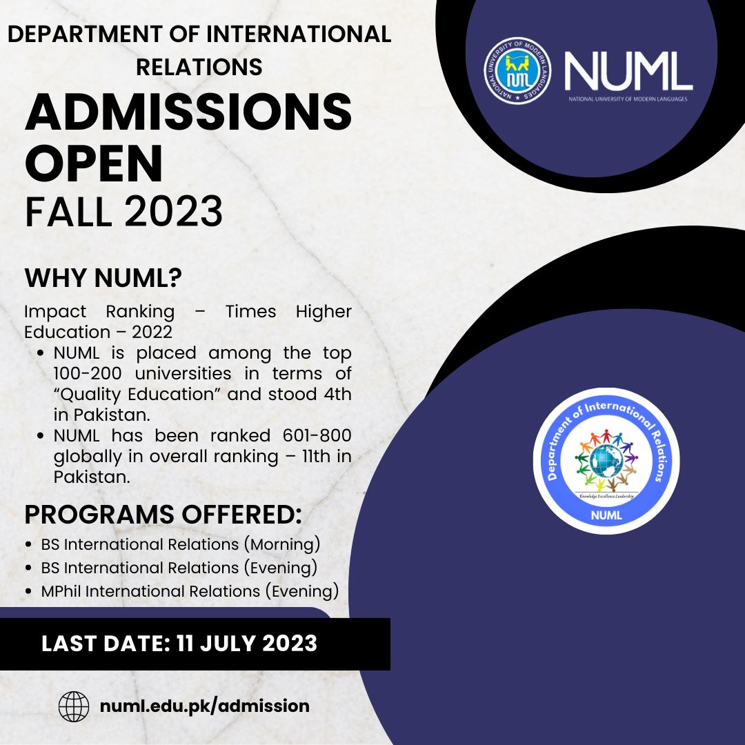 irpcsnuml's tweet image. Admissions are now open at the Department of International Relations, NUML Islamabad! 🌍🎓 Pursue your passion for global affairs, diplomacy, and cross-cultural understanding at one of Pakistan&apos;s premier institutions. Don&apos;t miss this opportunity to shape your future. Apply today!