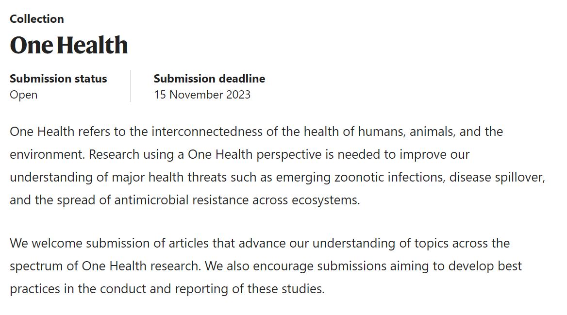 Call for papers: One Health

#OneHealth refers to the interconnection of the health of humans, animals &amp; environment

We welcome papers on topics such as emerging zoonotic infections, disease spillover, #AntimicrobialResistance spread across ecosystems...

nature.com/collections/fi…