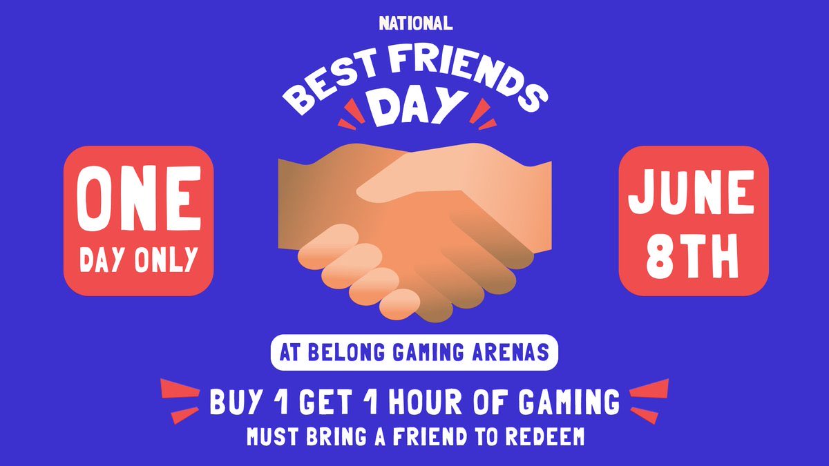 Friends play FREE! 💖

We’re celebrating #NationalBestFriendsDay this week at Belong Arenas! 

Get one free hour of gaming for a friend on Thursday, June 8th. ONE DAY only. 

Grab your buddy and swing by your local arena! bit.ly/460KURc

#BestFriendsDay