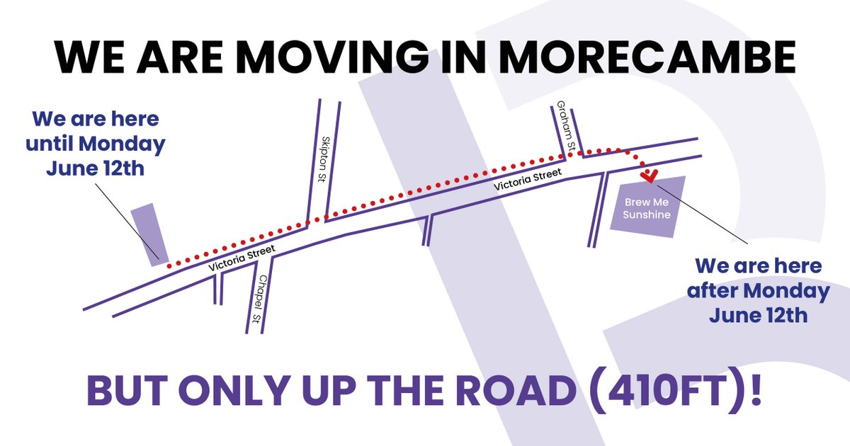 From Mon, June 12, our Morecambe team is moving 410ft down the road! We’ll still be in Victoria Street but above <a href="/BrewMeSunshine/">Brew Me Sunshine</a> café, a social enterprise cafe supporting sight loss charity <a href="/Gallowaysblind/">@gallowaysblind</a>. Business as usual! Questions? Call our Morecambe team on 01524 833 838.