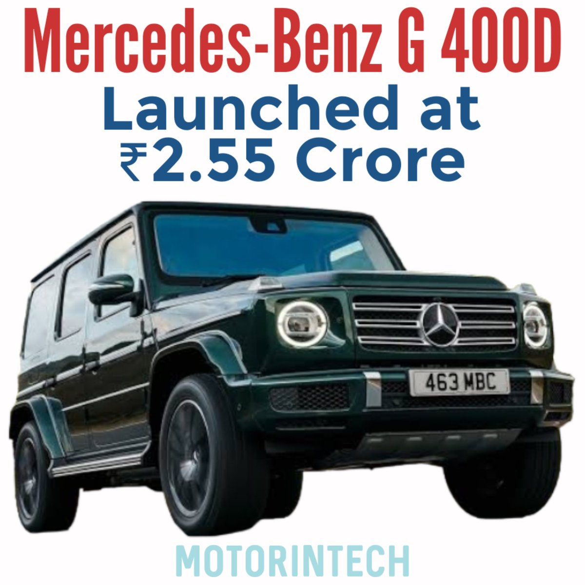 MotorinTech's tweet photo. Mercedes-Benz G 400d launched at ₹2.55 Crore (ex-showroom). It gets a 3.0 litre OM656 6-cylinder engine which produces 330hp and 700nm torque. It has a 241 mm ground clearance.

#mercedesbenzg400d #mercedesbenz #gwagon #autonews #autoindia https://t.co/o2if1TlEgw