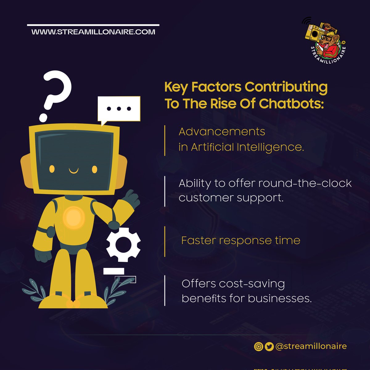 streamillonaire's tweet image. The rise of chatbots can be attributed to several factors that have shaped their popularity and adoption. Here are some key factors contributing to their rise.
#Streamillonaire #Lagoslabs #chatbotdevelopment #chatbots #chatbotmarketing #aichatbot #chatbotexpert #techi…