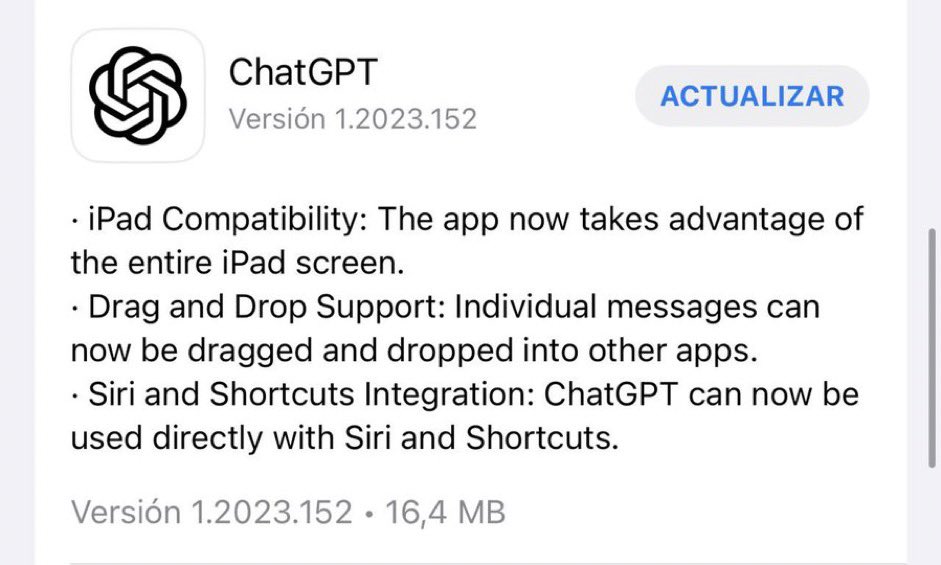 ChatGPT ha sacado una actualización en IOS (#iPhone). Ahora es compatible con el #iPad , se puede copiar y arrastrar respuestas, y tiene integración con Siri y Atajos. #tecnologia #ChatGPT #Apple 👇🏼