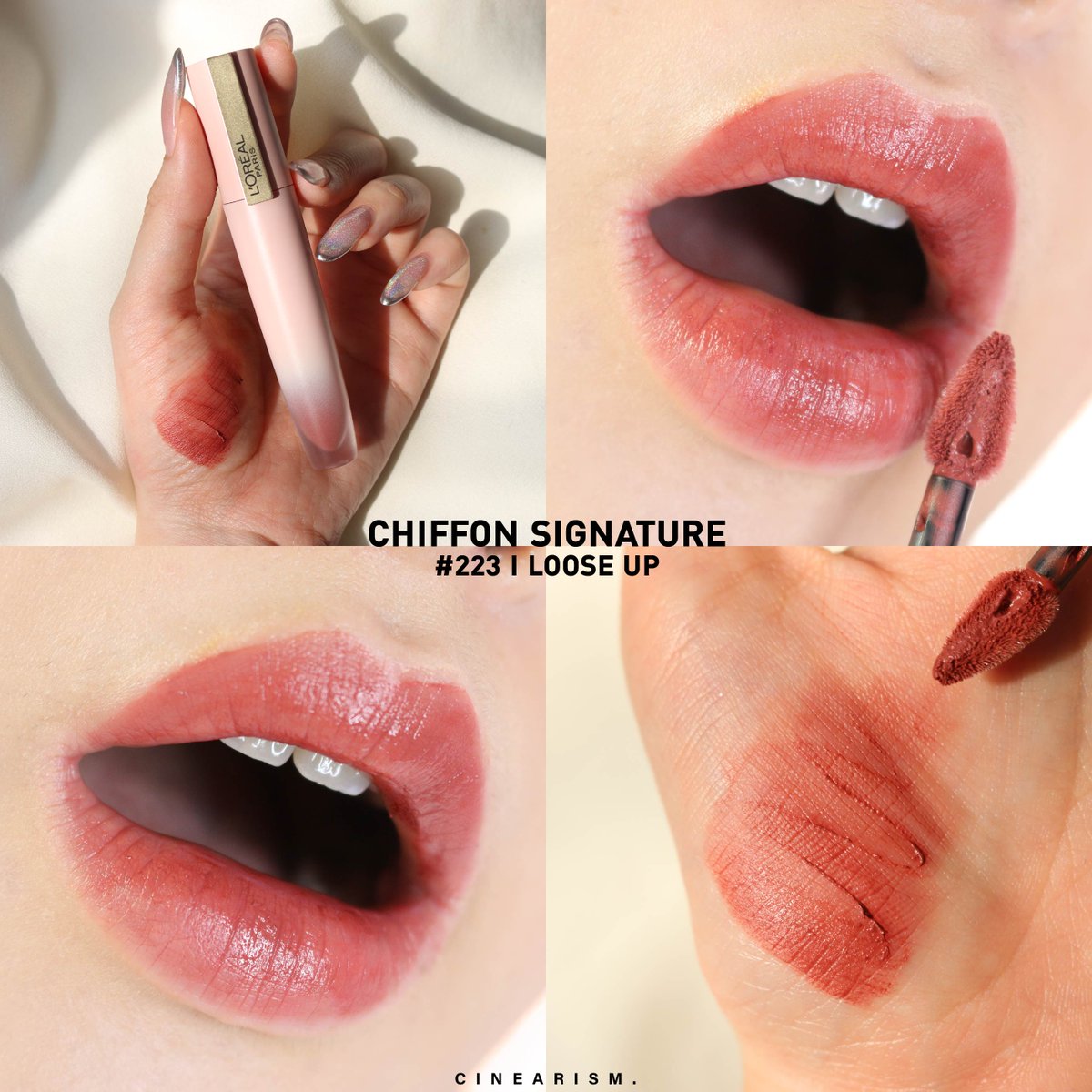 ความส๊วยย! ความซอฟต์แมตต์อะแก😍L’OREAL Chiffon Signature เราทาสี 223 I Loose Up สีออกชมพูตุ่น หวานๆ สวยหรู ดูแพง ใดๆ คือรุ่นนี้นางสุดจริง เนื้อนุ่มละมุน เหมือนกำมะหยี่ ทาแล้วปากดูเบลอ กลบร่อง เม็ดสีแน่น ปากดูนวลเนียนมาก เบาสบาย ไม่หนักปาก ไม่เป็นคราบด้วยนะ ปักค่า!