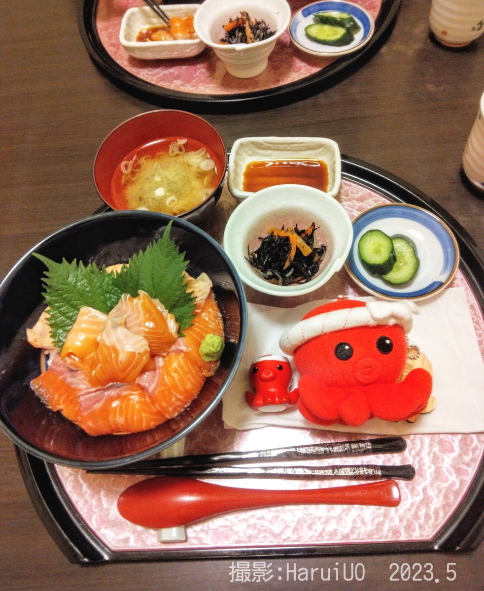 haruiuo_ch's tweet photo. #南三陸 での先月の思い出☺️
 #さんさん商店街 
#しお彩 さんで
 #南三陸三色サーモン丼 を食べたのでした！🐟🍚🥢
#オクトパス君 と #ぬい撮り 🐙✨🐟

#南三陸サーモン 
とっても、やわらかくて
3つの味が楽しめました！☺️🙏🐟🐟🐟
#食楽しお彩 https://t.co/MtOxGb6CSf