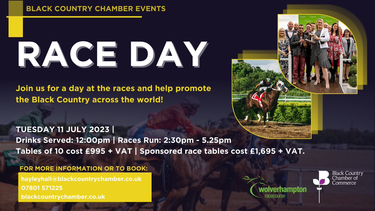 Just over one month to go until the Black Country Chamber Race Day! 

✨Superb Sponsorship Opportunities Available ✨

Six races are available for sponsorship which will give your brand local and national reach!

Book your place online ➡ lnkd.in/dmEU84qb
<a href="/WolvesRaces/">Wolverhampton Races</a>