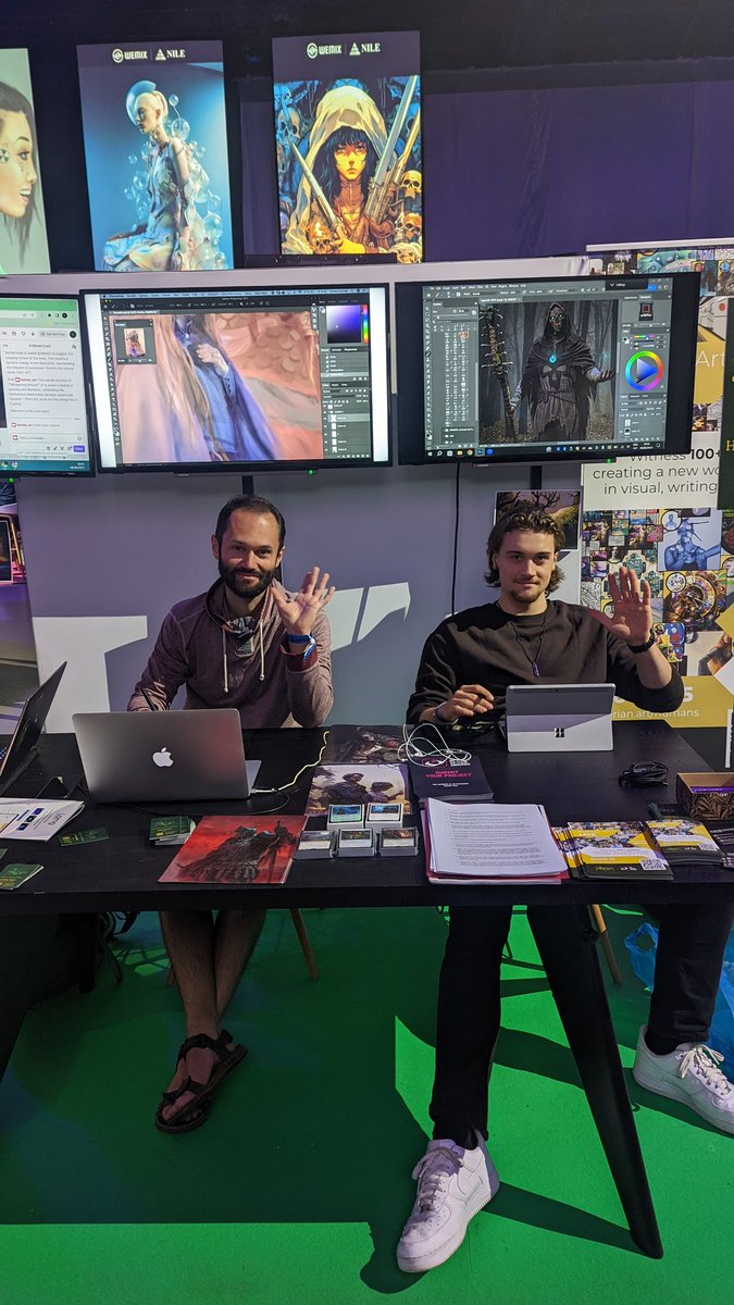 faerian_art's tweet photo. DAY 3 of "Humanity" 
Hi from #nfc23 Lisboa !
@JakubJagodaArt and @dusin3000 doing live art ✨
Watch our 100 artists of "Humanity" on https://t.co/7tPwx3YREM, the live art ends tomorrow at 7am CET! 
Today our moderator will be the curator @NesvrstanaJ from @SolSeaNFT
@AllArtProtocol  😃
#HumansofFaerian