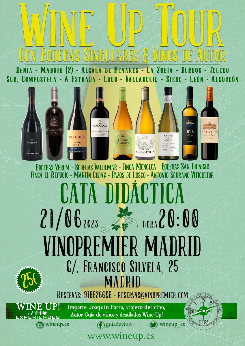 mailchi.mp/vinopremier/wi… ¡Descubre el fascinante mundo del vino en nuestro Wine Up Tour! 🌟🍇 El miércoles 21 de junio a las 20:00 horas en Vinopremier Silvela, donde Joaquín Parra, reconocido experto en vinos, nos guiará en la cata de 9 vinos de diferentes