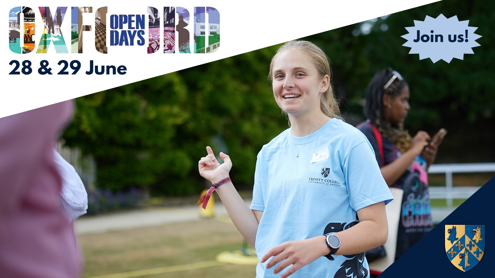 A student in a student ambassador t-shirt points during an open days tour; above and below graphics advertise the Oxford Open Days on 28 and 29 June.