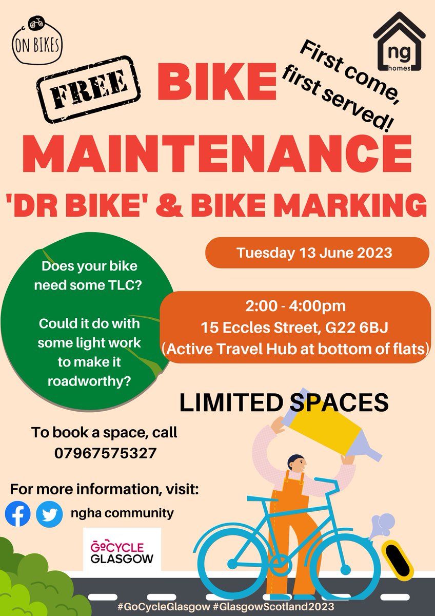 After our Tue session down at the Active Travel Hub (15 Eccles St), where we saw lots of tenants, we are pleased to announce that mechanics will be back for a Dr Bike (maintenance) &amp; security marking session next week (Tues 13th June) 2-4pm
Get in touch to be involved!
#ngactive