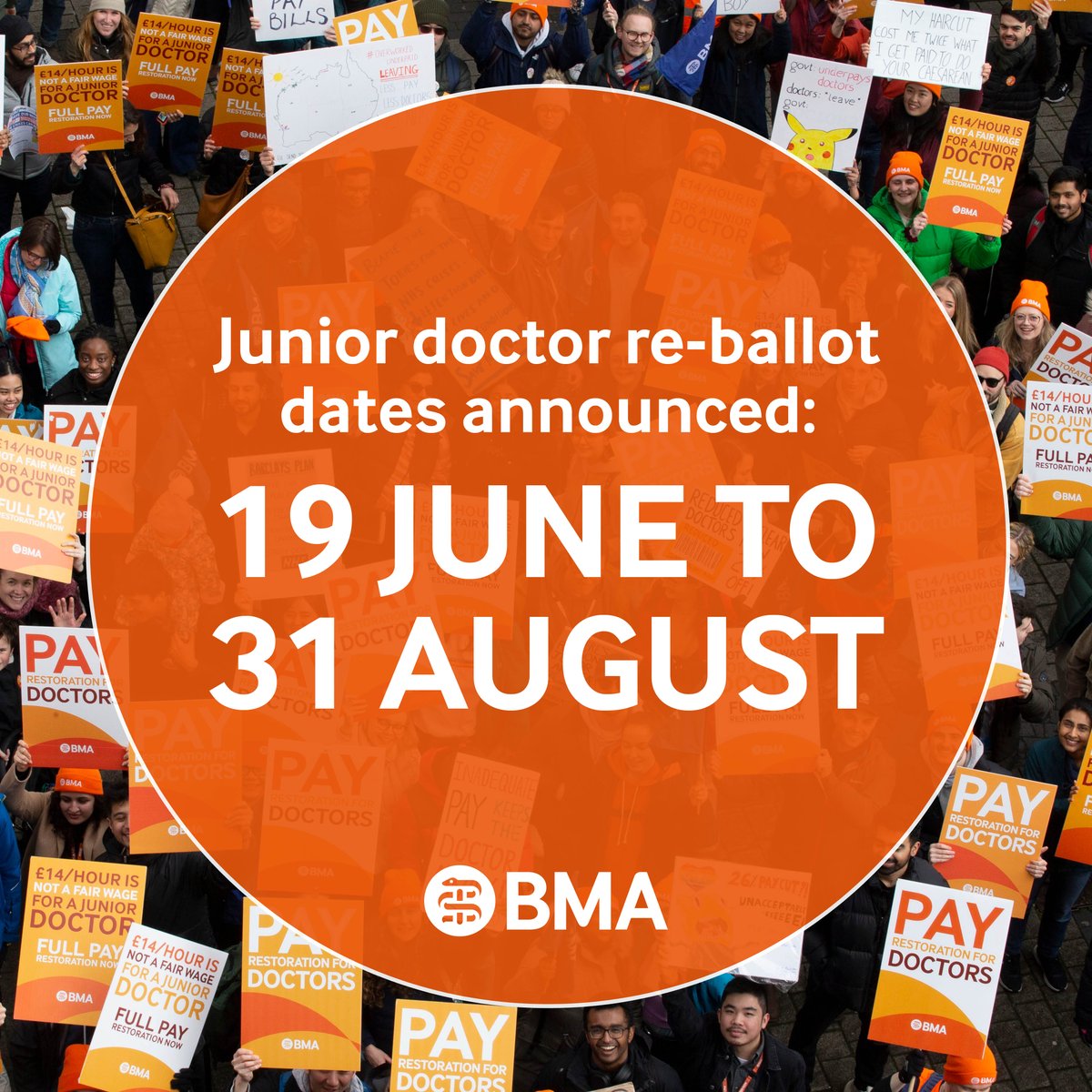 We are re-balloting junior doctors in England to extend our mandate to strike beyond August. Make sure your details are up to date and look out for your ballot from 19 June bma.org.uk/our-campaigns/…