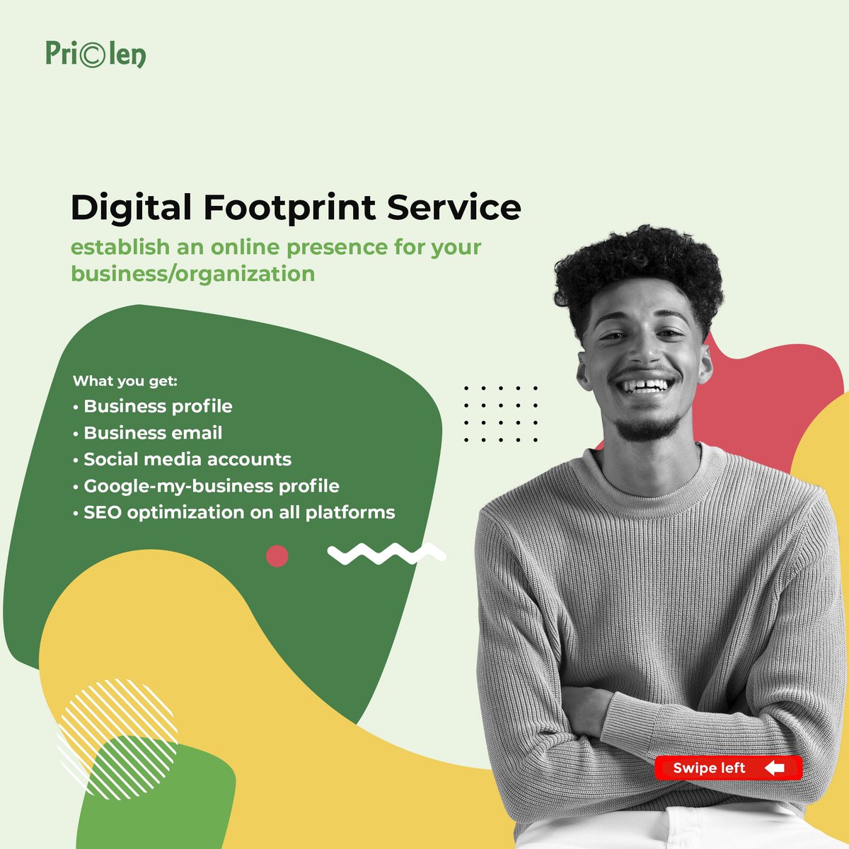 Don’t fumble your way through creating a digital footprint for your business/organization. 

Let Prioclen’s Digital Consulting services be your solution. 

#digitalfootprint #prioclen #digitalconsulting #digital #digitalservices #business #profile #email