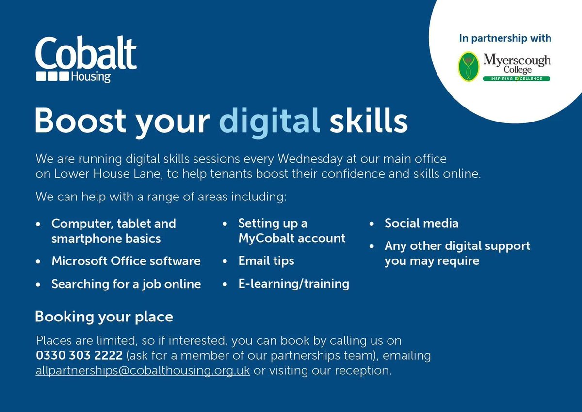 Cobalt Housing (@cobalthousing) on Twitter photo Boost your digital skills 📱 
We are running digital skills sessions every Wednesday from 1pm-3pm at our main office on Lower House Lane!
If you or someone you know is interested in these sessions, please email allpartnerships@cobalthousing.org.uk to reserve a place. Boost your digital skills 📱 
We are running digital skills sessions every Wednesday from 1pm-3pm at our main office on Lower House Lane!
If you or someone you know is interested in these sessions, please email allpartnerships@cobalthousing.org.uk to reserve a place.