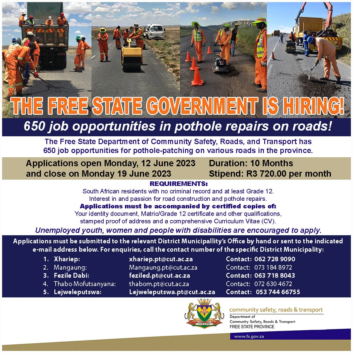 fsgov's tweet image. FREE STATE PROVINCIAL GOVERNMENT IS HIRING.

Applications open Monday, 12 June 2023
Closing date Monday, 19 June 2023
#LeaveNoOneBehind #makingyourfutureworkbetter