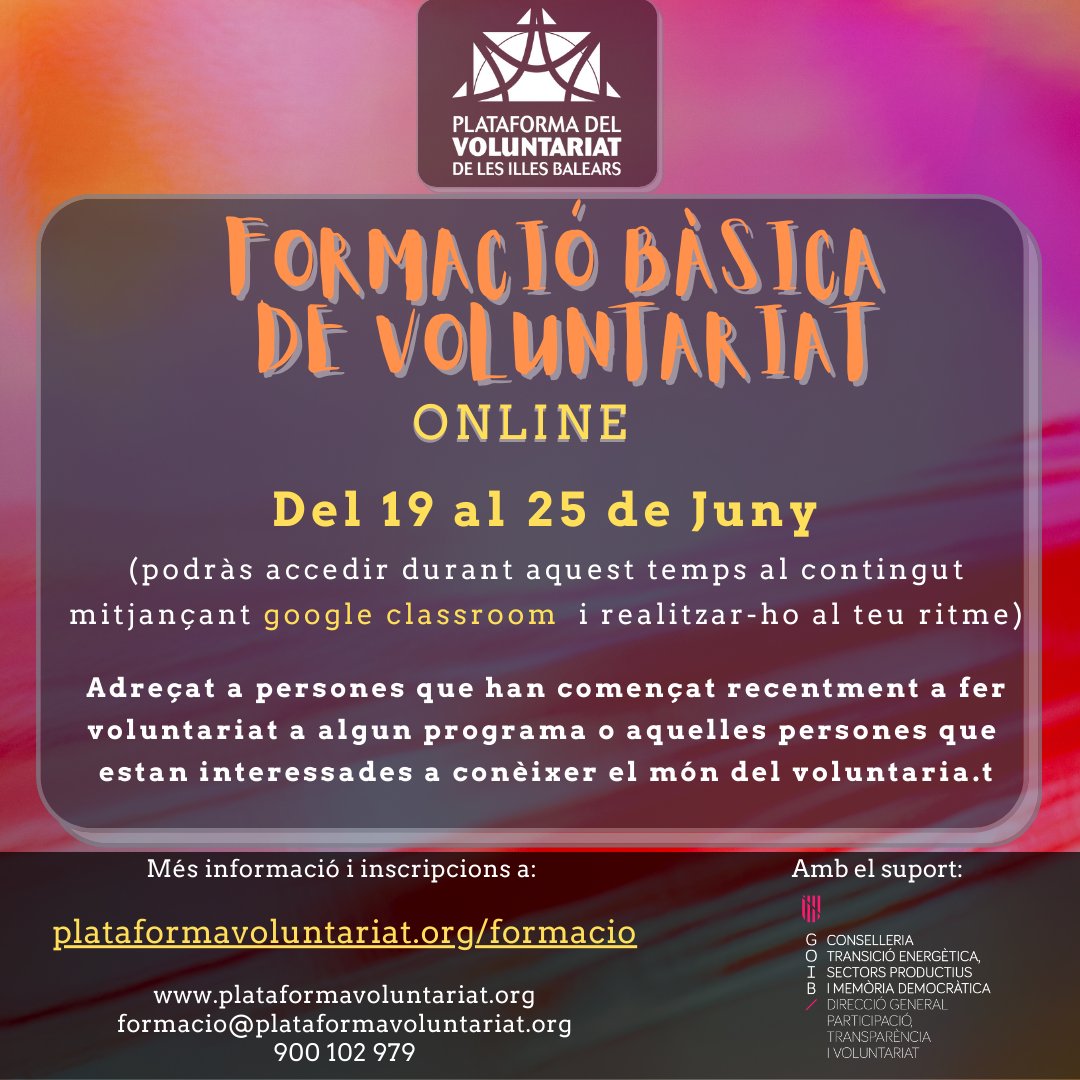 plavib's tweet photo. 📢Formació bàsica de voluntariat ONLINE. 📢
(mitjançant google classroom)

📅Del 19 al 25 de Juny, apropa't al món del #voluntariat i les seves #entitats.

➡️Inscripcions: link a bio

https://t.co/etipTHwHdn
#transformant #formacio #PLAVIB https://t.co/sRMnX9EdiY