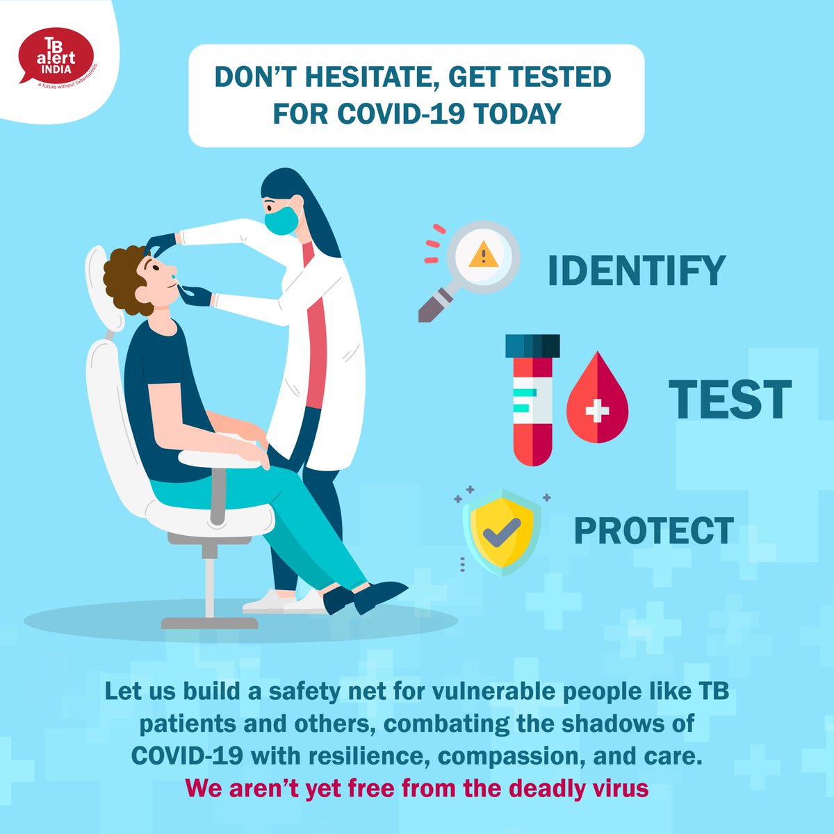 tbalertindia's tweet photo. Testing 1 individual per 1000 for COVID19 can save lives by detecting cases early, curbing transmission, facilitating contact tracing, and averting future complications. 
#TBAlertIndia #HealthEducation #LetsGetTested
@G_C_T_A https://t.co/El82QayHmI