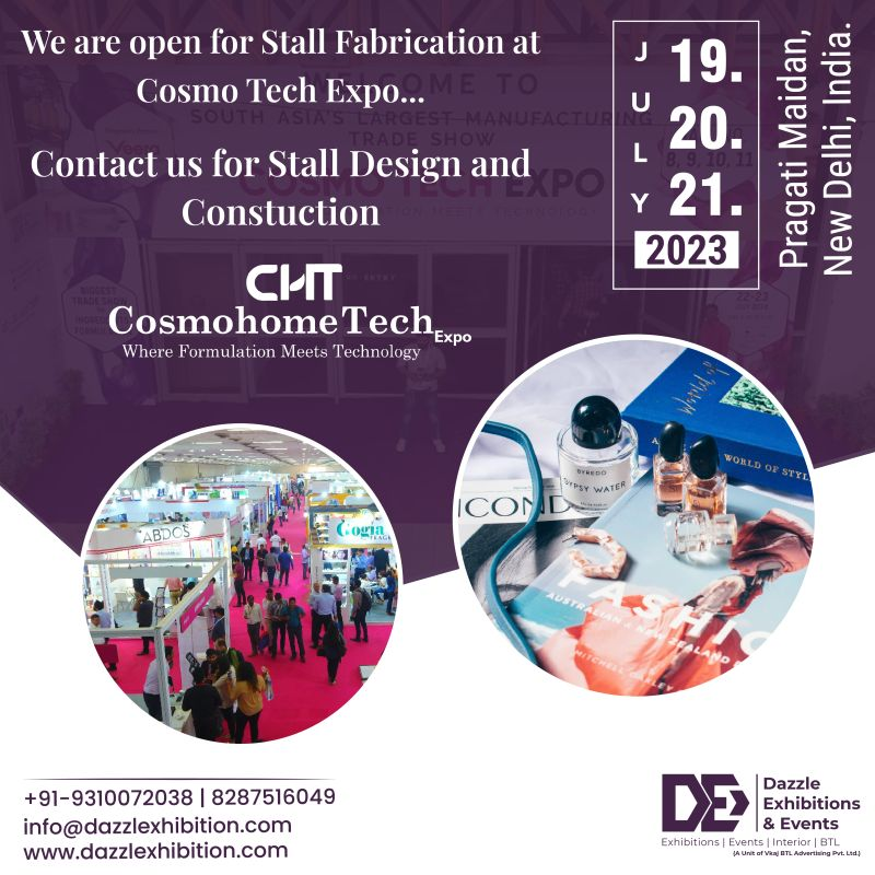 Dazzlexhibition's tweet photo. We're open for stall fabrication. Don't miss the chance to have the best at COSMO TECH EXPO INDIA 2023 with Dazzle Exhibitions and Events
#exhibition #tradeshow #cosmotech #cosmohometech #cosmotechexpo #cosmetics #beauty #cosmeticexpo #dazzleexhibitionsandevents #dazzleexhibition https://t.co/ndW5Ds1mSH