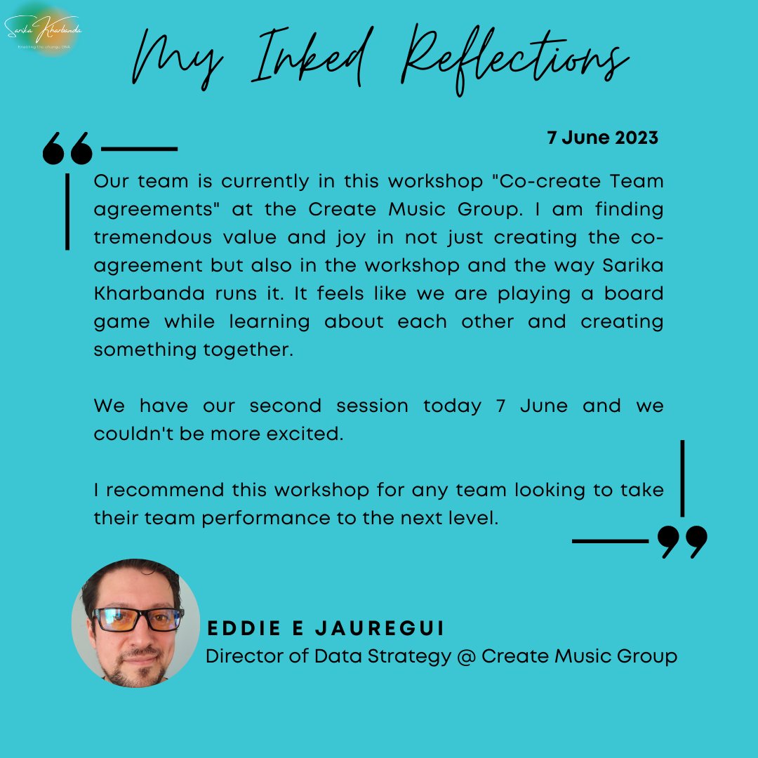 “Co-create #Team agreements”, A note from My “Inked Reflections” 7 June 2023

It is rewarding when one sees the impact that one’s work has. This note from Eddie yesterday on LinkedIn is an affirmation for me.

Thank you Eddie!

#makinganimpact #learning #innovation #collaboration