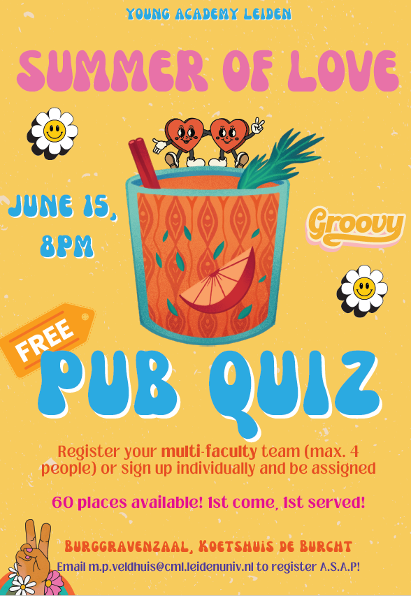 The sun is out ☀️and we have the perfect event to ring in the #summer: The Summer-of-Love Pub Quiz 🫰 - Come join us on June 15th @ 8pm [Koetshuis de Burcht]. Spots are going fast! 🧃