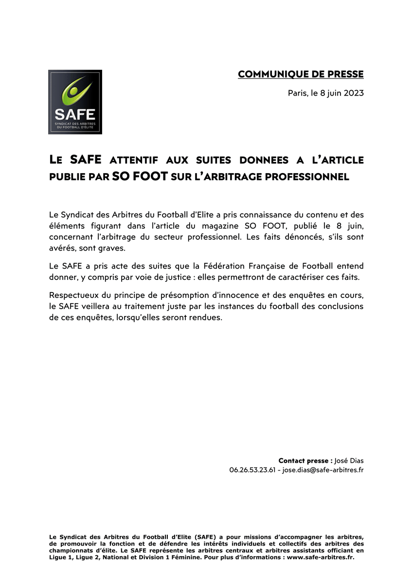 ArbitresSAFE's tweet photo. Communiqué de presse / Le SAFE attentif aux suites données à l'article publié par SO FOOT sur l'arbitrage professionnel :

https://t.co/HOvL7cmO7F https://t.co/WohGtL6RUh