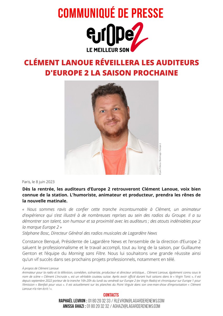 Europe2RP's tweet photo. 🚨Clément Lanoue s'incruste sur @Europe2 et réveillera les auditeurs la saison prochaine ! https://t.co/VSaiqll7KJ