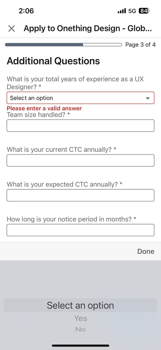 BhandRajat's tweet photo. @onething_design your recruitment form for a lead ux designer has error in it . In the field to add total experience i am getting dropdown values of yes and no 

I hope you rectify it soon, as its posted for a lead UX designer https://t.co/8A6RLmNk0t