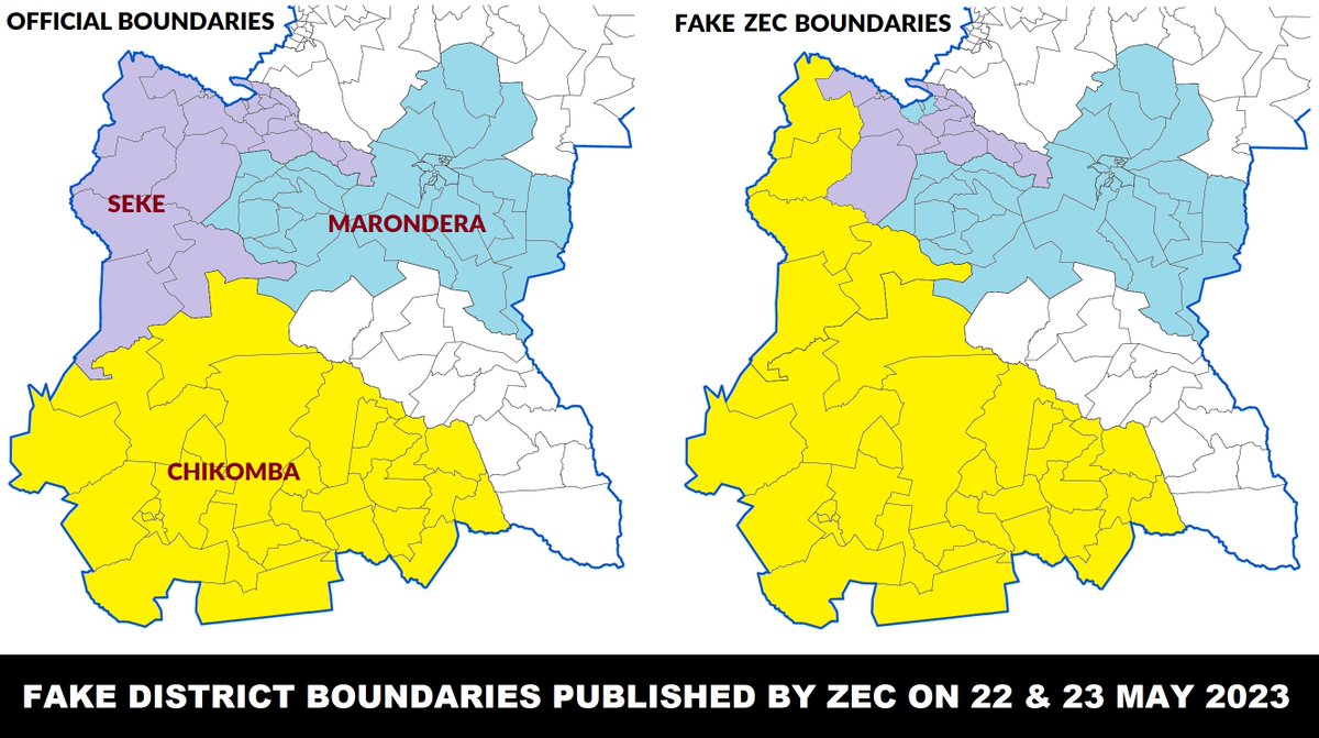 ZEC has created fake district boundaries by moving 8 wards from Seke District to wrong districts.

Five Seke wards {11, 13, 14, 20, 21} now erroneously fall under Chikomba District, while the remaining three {17, 18, 19} are now under Marondera.

Please resolve this ZEC!

@ZECzim